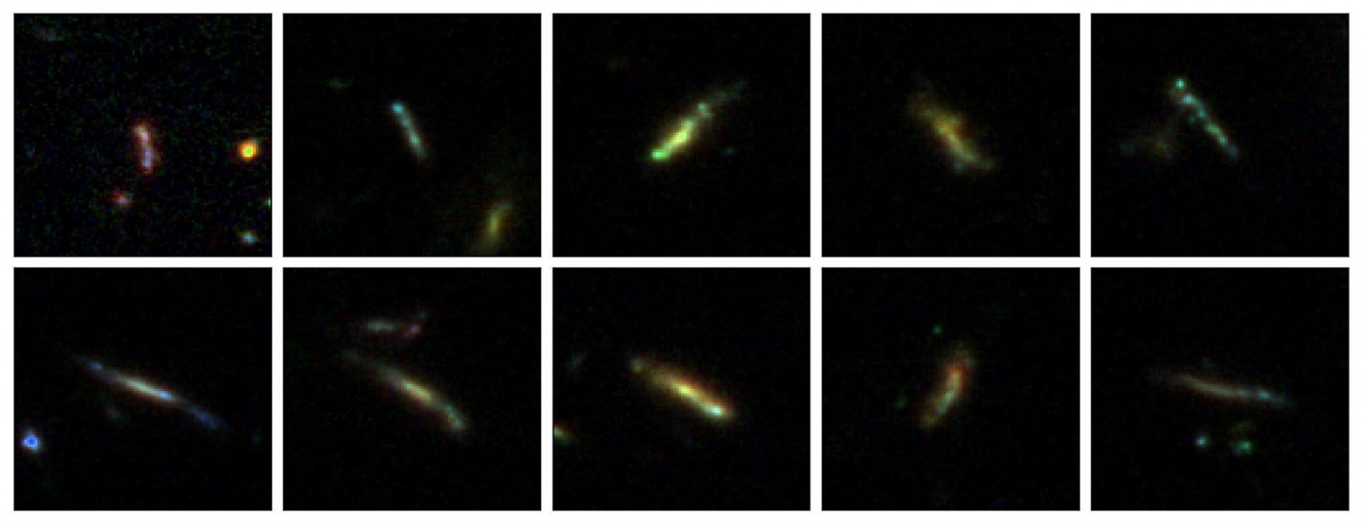 Images of cigar-shaped galaxies in the early universe.