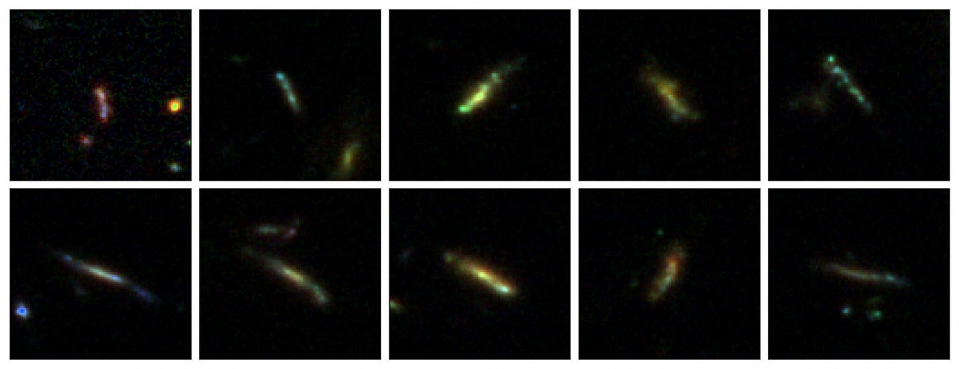 Images of cigar-shaped galaxies in the early universe.