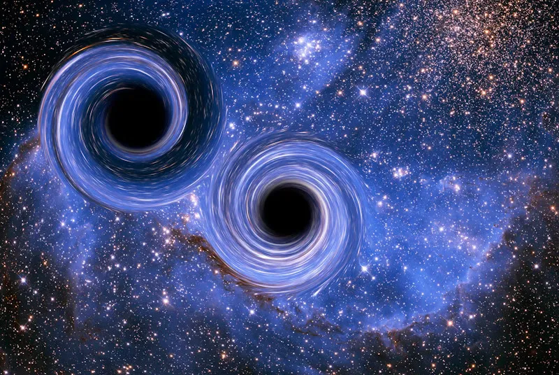 An illustration of two black holes in a cosmic dance as they move closer and closer to merging. Victor de Schwanberg/Science Photo Library