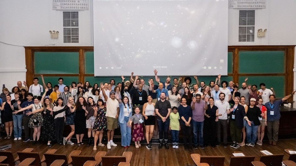 Participants in Columbia’s Vera Rubin Observatory “first look” watch party gathered in Havemeyer Hall to celebrate the release of the telescope’s first images. (Diane Bondareff/Columbia University)